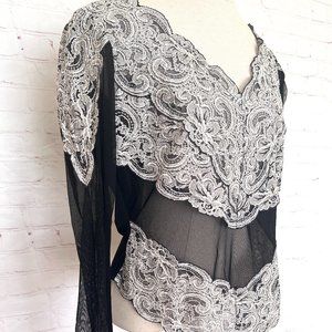 NWT Joseph Ribkoff Sheer Black & Lace Stretch Blouse - Size Medium Large